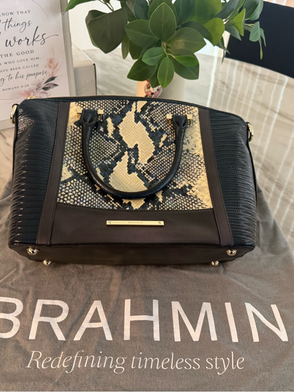 Brahmin Duxbury Leather Satchel, Tri-Texture Design with Python Embossed Panel